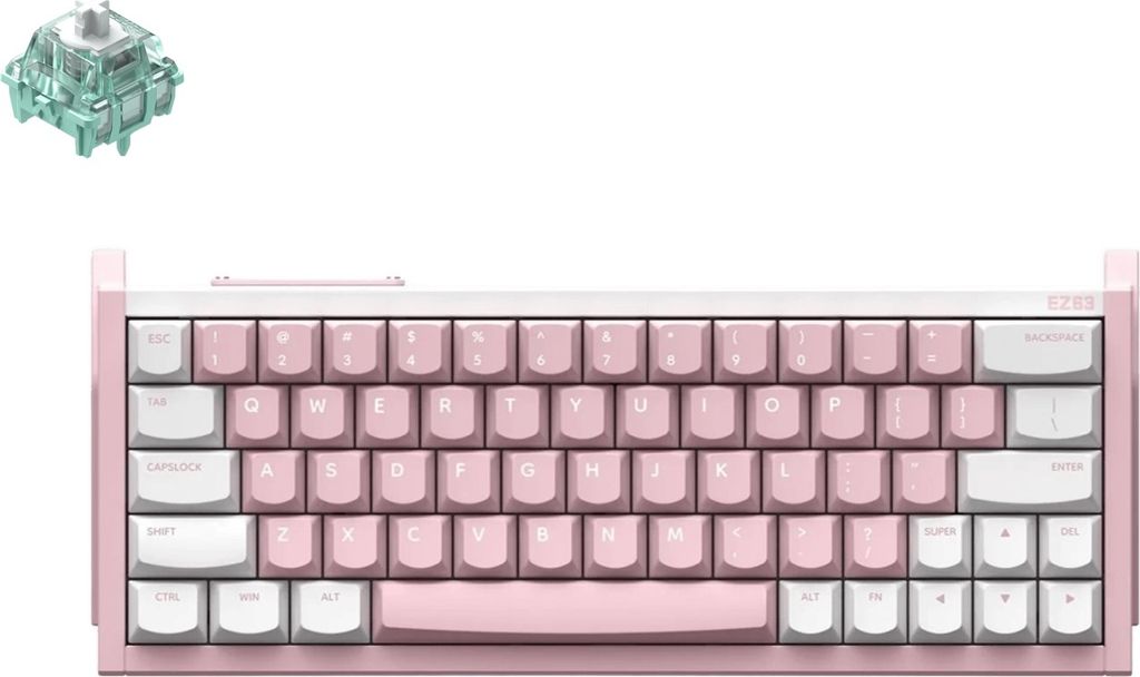 A mechanical keyboard and a single key switch are displayed against a white background.