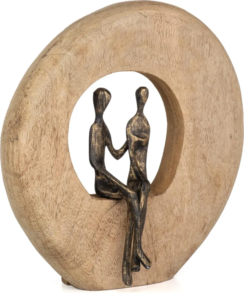 Statue Décorative Design en Bois de Manguier Massif et Métal Doré 23cm