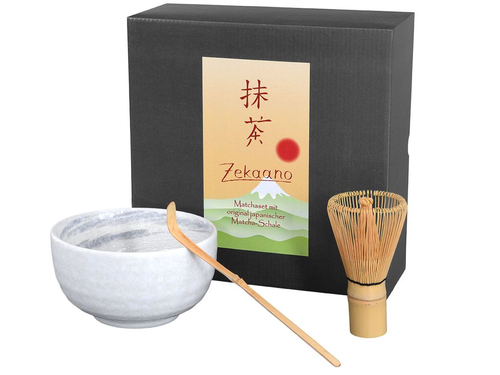 Matcha Set / Matchaset mit original japanischer Matcha Schale 450ml weiß/grau, Besen, Löffel in Geschenkbox