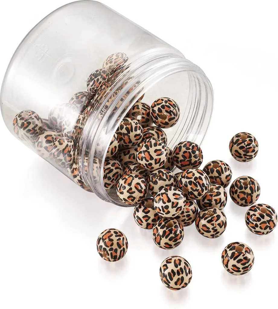 50 Perles en Bois Motif Léopard 16mm pour Création Bijoux et Bracelets