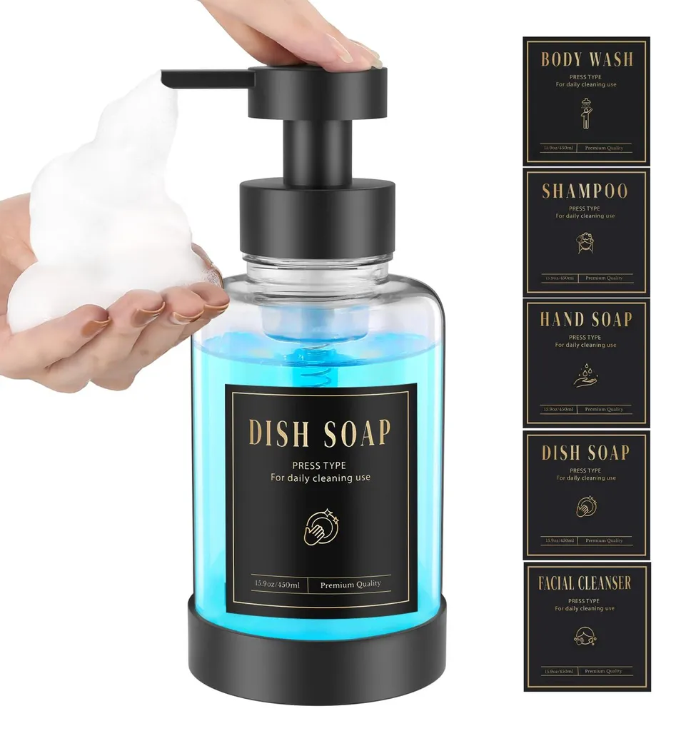 Mousseur de savon en verre rechargeable avec étiquettes pour cuisine