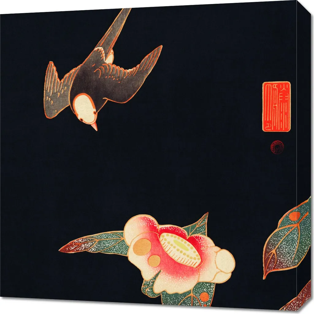 Quadro Vintage Jakuchu 60x60 cm - Rondine e Camelia - Arte Giapponese