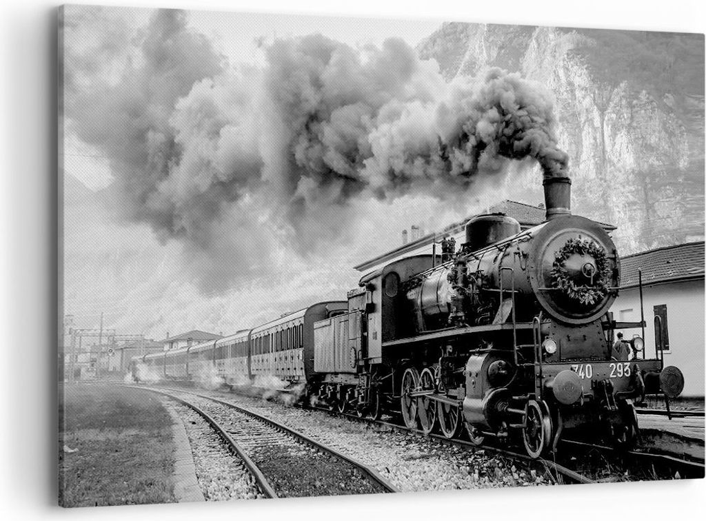 Bild auf Leinwand - Leinwandbild - Einteilig - Zug Schwarzweiß Rauch - 100x70cm - Wand Bild - Wanddeko - Wandbilder - Leinwanddruck - Bilder - Wan...