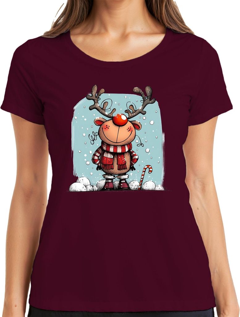 Rudolf Rentier Rotnase Weihnachten Lustig Schal Zuckerstange Damen T-Shirt, Burgundy, 3XL