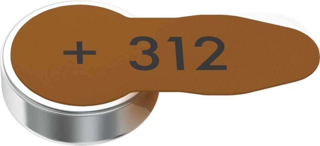 A single VARTA hearing aid battery with a brown tab labeled '312' and a plus sign.