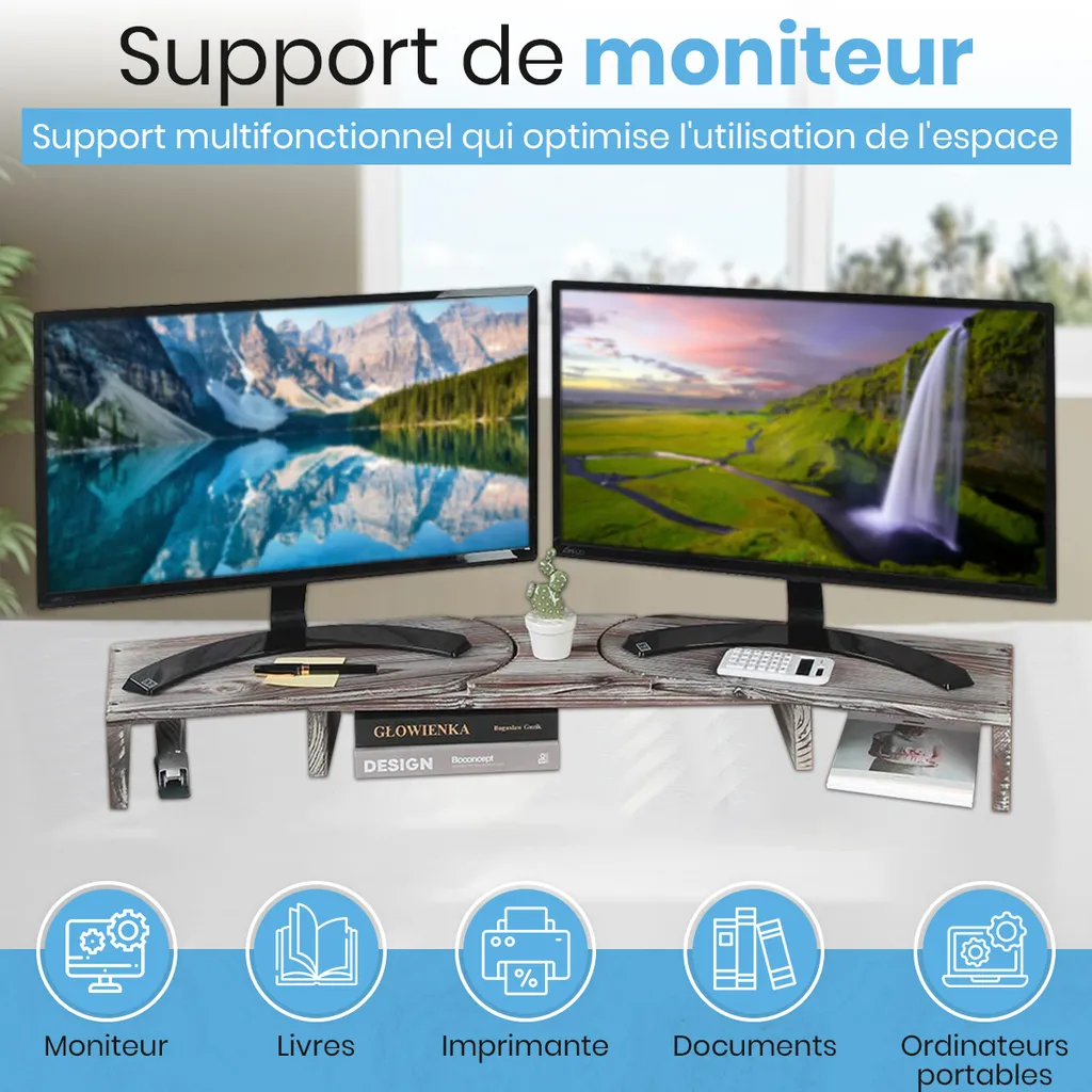 Support d'écran double en bois réglable : Solution ergonomique avec tiroir - 5