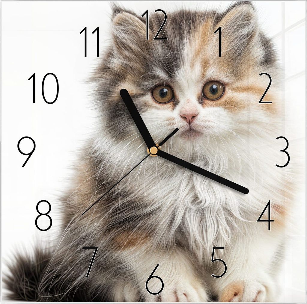 Wanduhr aus Glas mit Motiv Flauschige Katze- 30 x 30 cm - Produktbild 