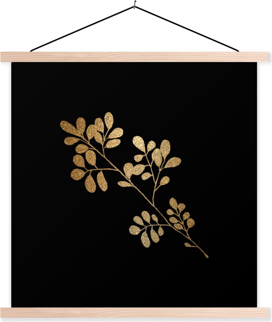 MuchoWow Textilposter Gold - Pflanze - Blätter 120x120 cm mit holzfarbenen Rahmen - Textil-Poster