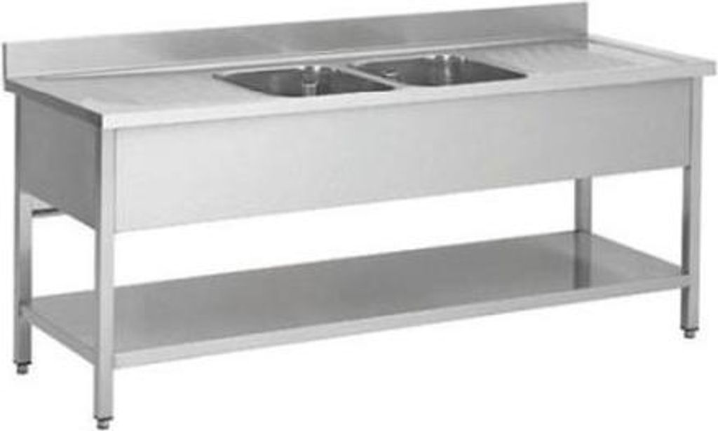Spueltisch aus Edelstahl, zwei Becken Mitte, 200 x 60