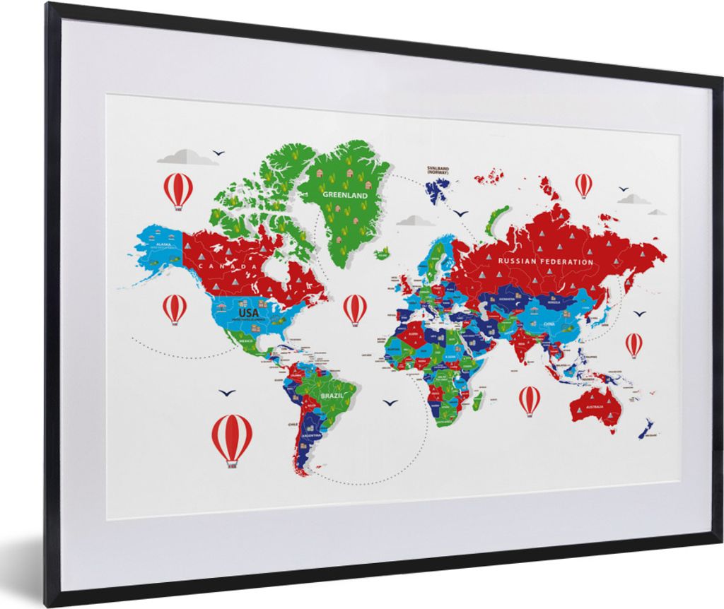 MuchoWow MuchoWow Gerahmtes Poster Weltkarte - Farben - Luftballon 60x40 cm - Poster mit zchwarzem Bilderrahmen - Schlafzimmer - Plakat in Rahm...
