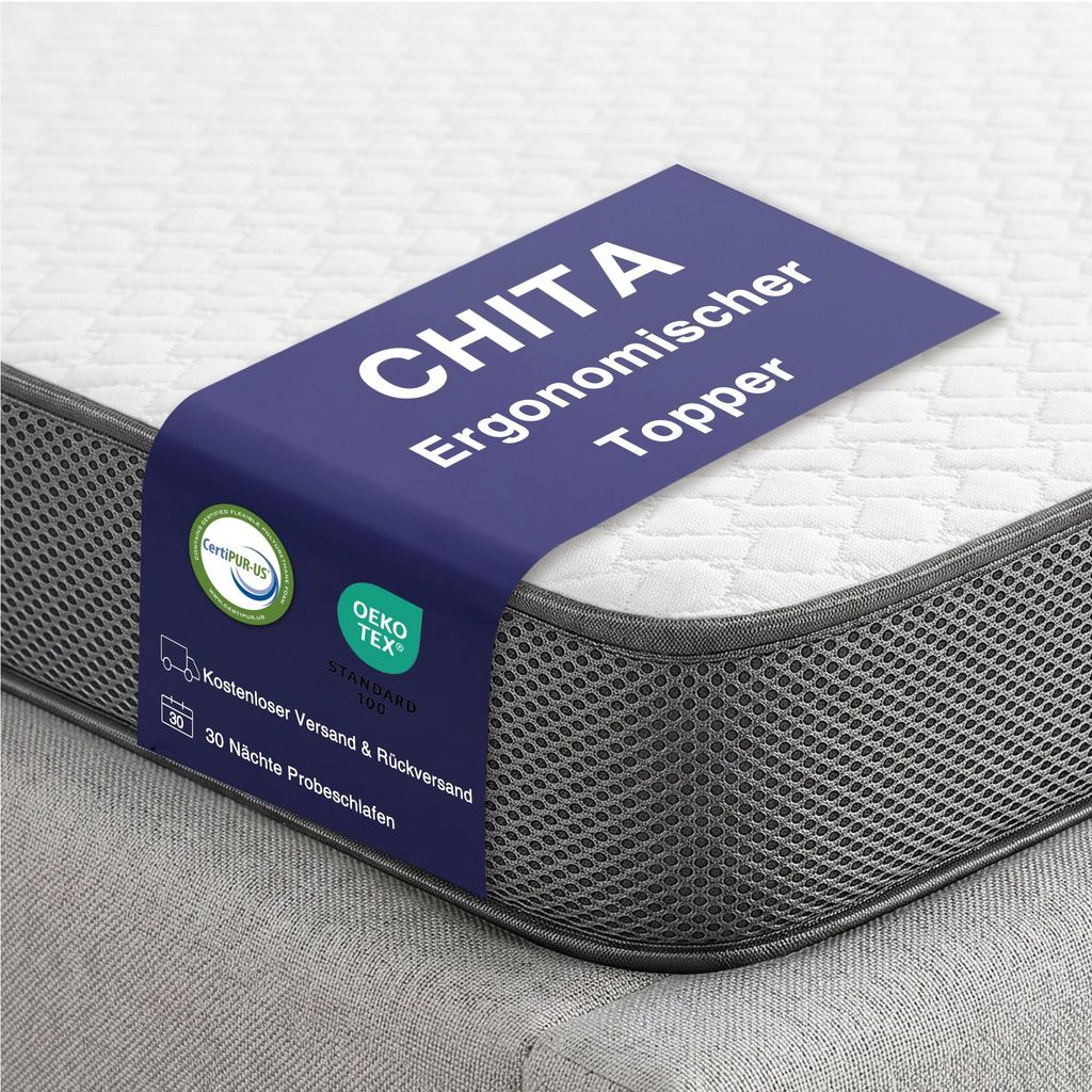 CHITA Matratzentopper 120x200 cm, HR-Schaum, 7 cm hoch, wendbar: H2 weich / H3 fest, atmungsaktiv