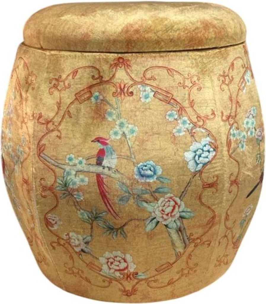Fine Asianliving Samt Aufbewahrungshocker mit Deckel Runder Pouf Gelbe Vogelmotiv D43xH43cm