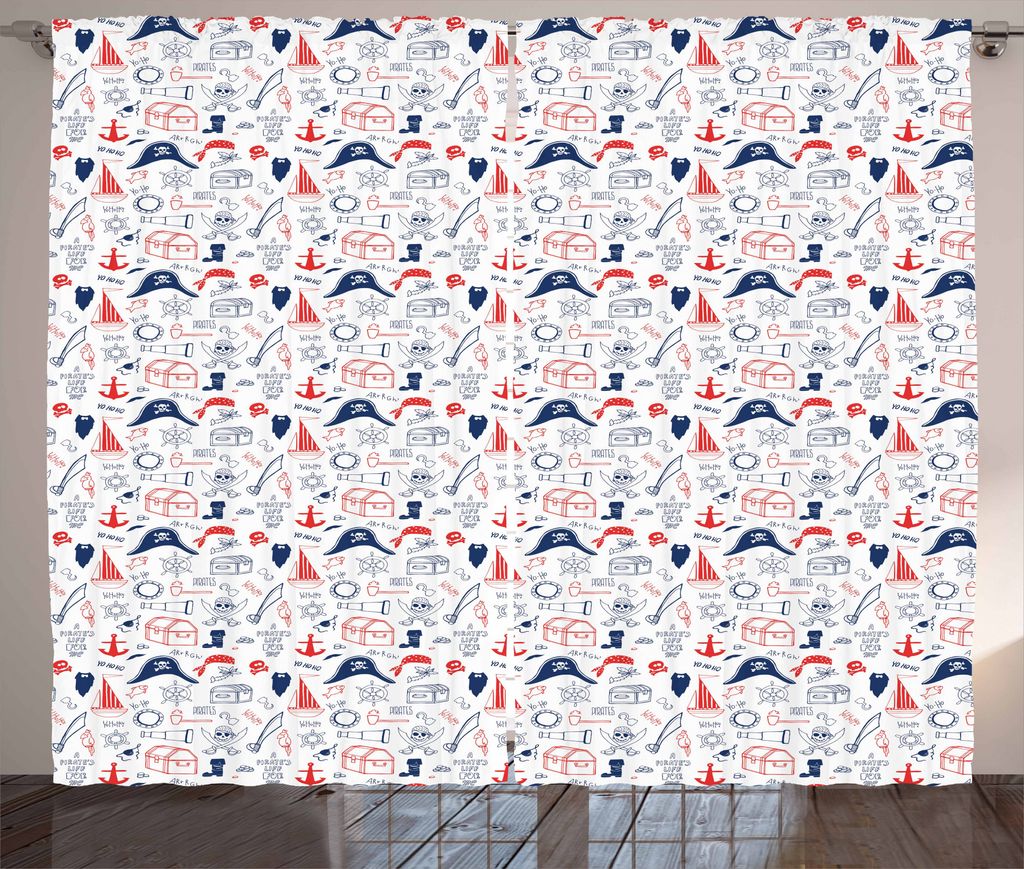 ABAKUHAUS Pirates Rustikaler Vorhang, Hand Drawn Sailor Theme, Wohnzimmer Universalband Gardinen mit Schlaufen und Haken, 280 x 175 cm, Marineblau ...