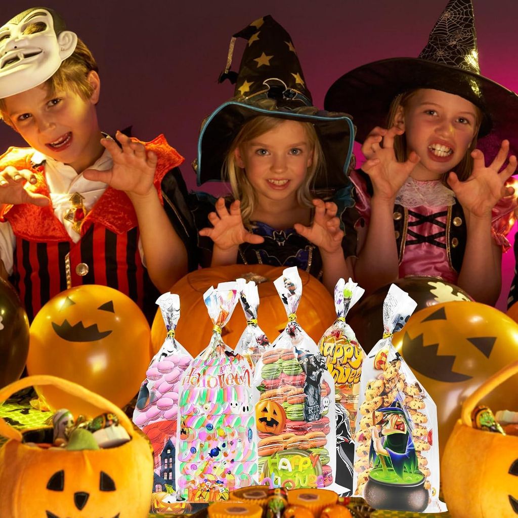 Bunte Halloween Süßigkeitstüten - 120 Stück Zellophantüten mit Drehband