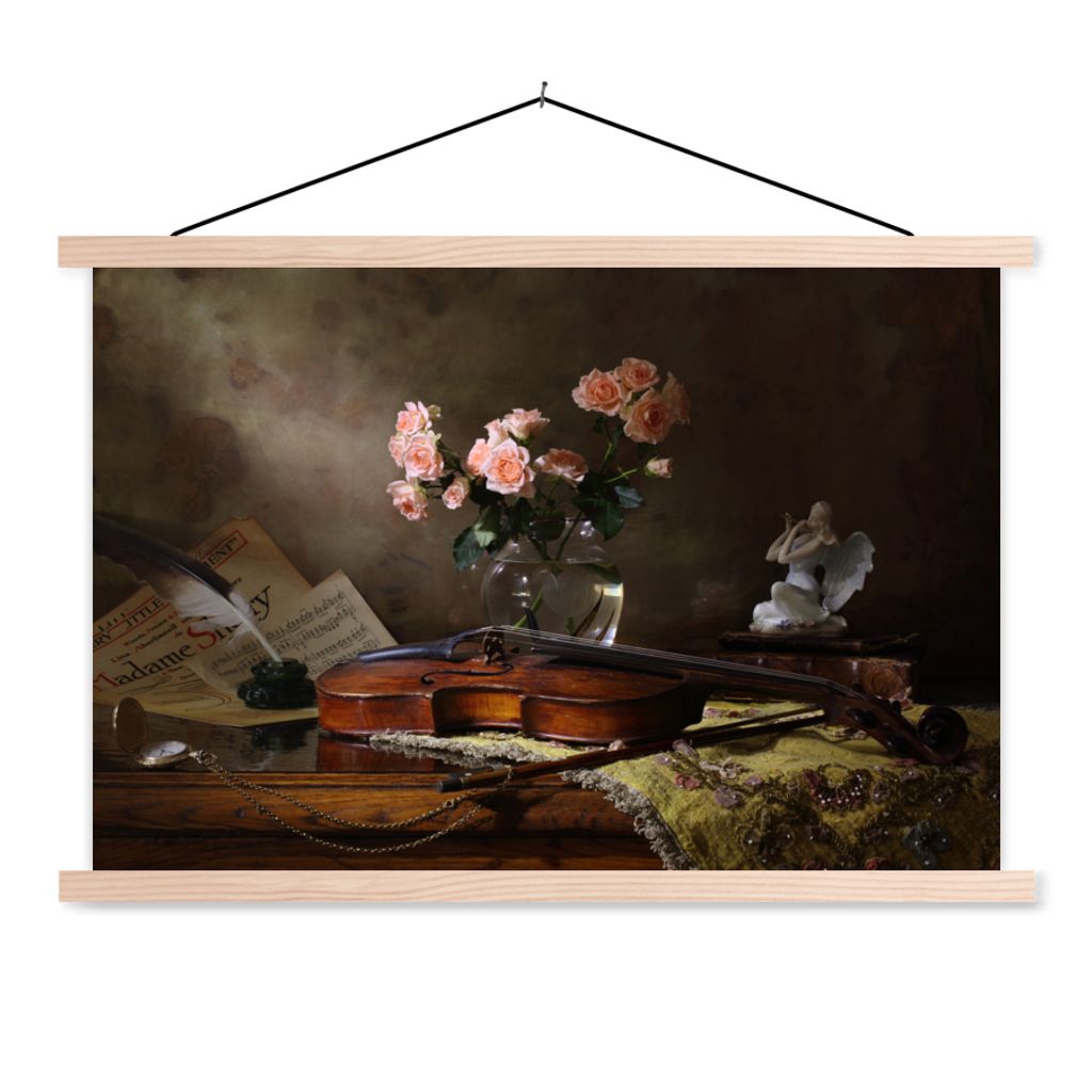 MuchoWow Textilposter Violine - Rosen - Rosa - Blumen - Stilleben 60x40 cm mit holzfarbenen Rahmen - Bilder