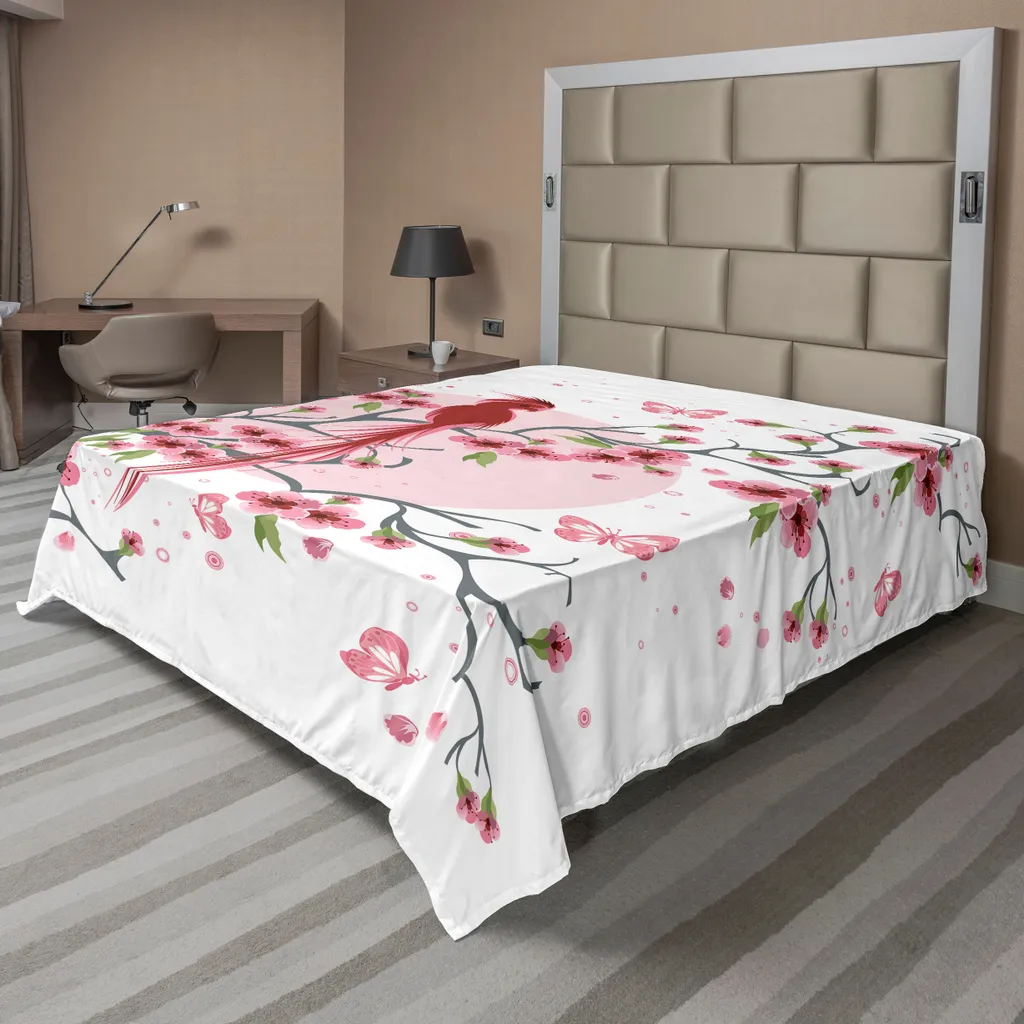 Drap plat décoratif pour lit double style Zen Phénix et Sakura Rose