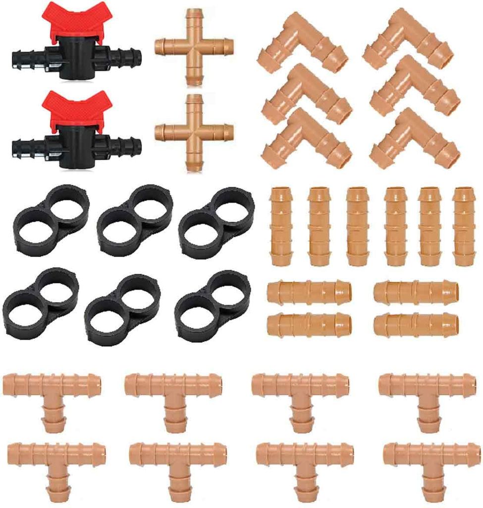 Tropfbewässerungs-Anschlusssatz (17 mm) für 1/2-Zoll-Schläuche, 10 Kupplungen, 8 T-Stücke, 2 Kreuzstücke, 2 Ventile, 6 Winkelstücke und 6 Sch...