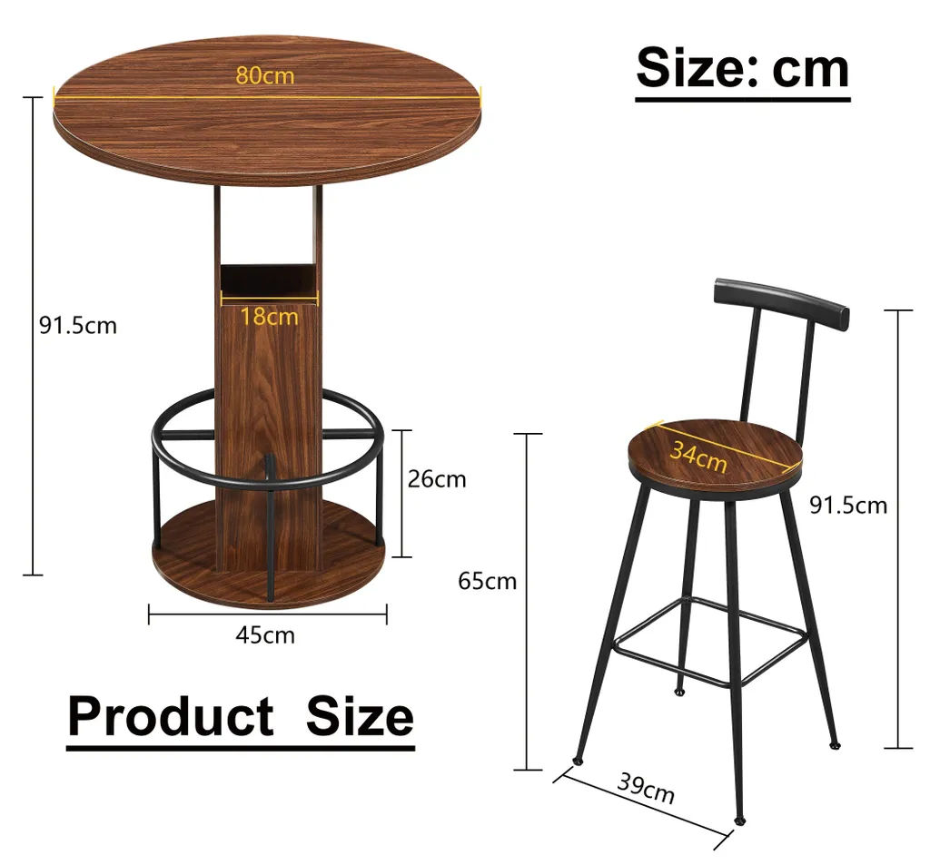 Ensemble Table de Bar 3 Pièces 80cm Noyer - 2 Tabourets Métal