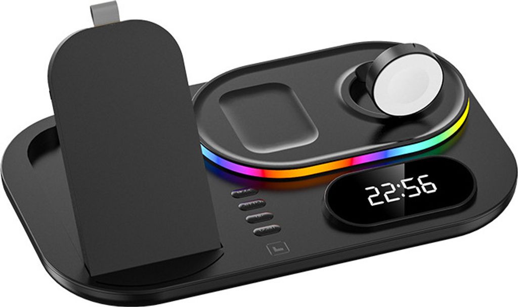 4 In 1 Wecker Wireless Ladegerät für Airpods Pro Iwatch Rgb Led Fast Ladestation Iphone Schwarz