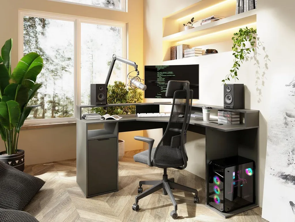Bureau d'angle gain de place CURUMANI graphite pour petits espaces PC