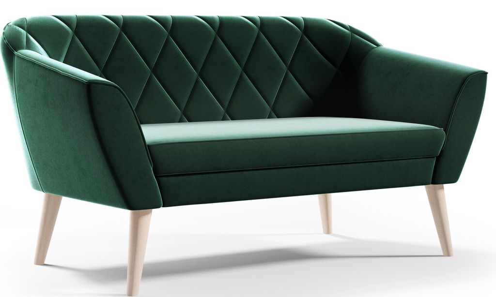 A green upholstered sofa with diamond tufting on the backrest and light-colored wooden legs, photographed against a white background.