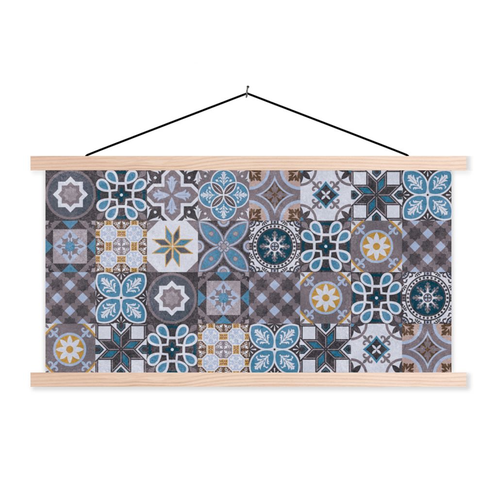 MuchoWow Textilposter Blumen - Muster - Blau - Braun 60x30 cm mit holzfarbenen Rahmen - Dekoration