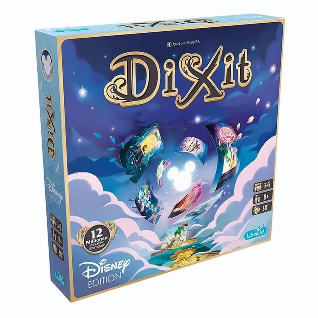 A box for the Dixit Disney Edition board game, shown at an angle against a white background.