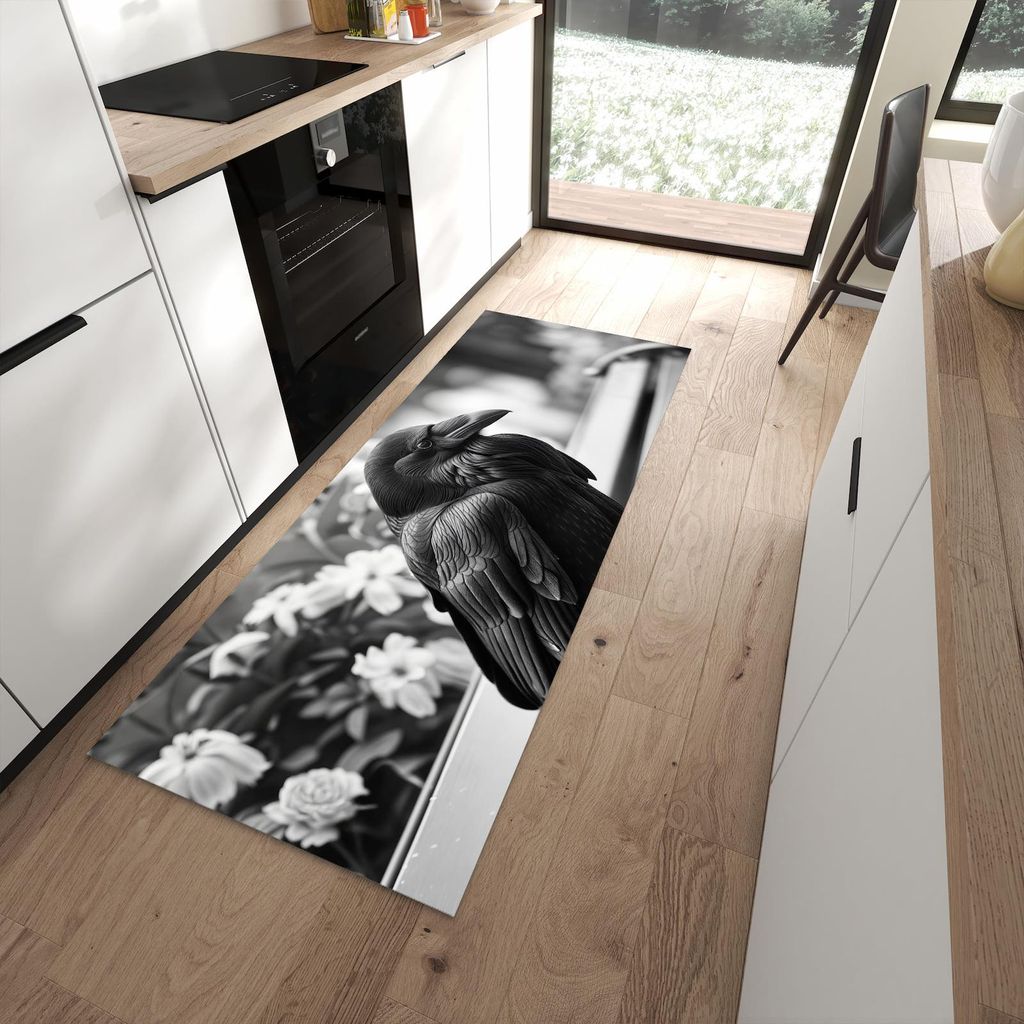Küchenteppich 80x200cm rutschfest & abwischbar PVC Läufer - Rabe auf Bank