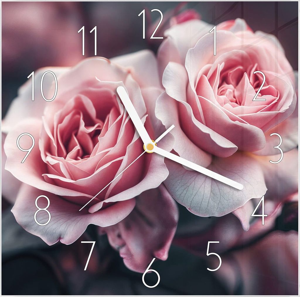 Wanduhr aus Glas mit Motiv Rosenblüten Duo- 30 x 30 cm - inkl. Aufhängesystem