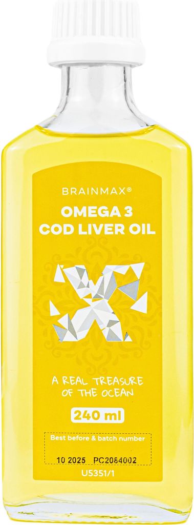 A bottle of BrainMax Omega 3 Cod Liver Oil on a white background.