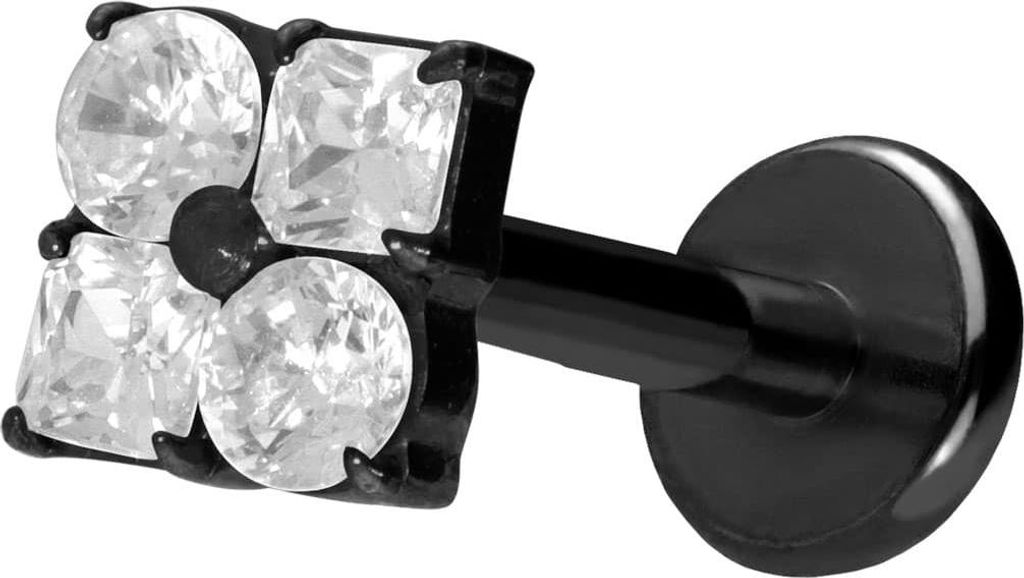 Ohrpiercing, Nasenpiercing Titan Labret mit Push Fit KRISTALLBLUME Schwarz Stablänge: 9mm | Stabstärke: 1,2mm