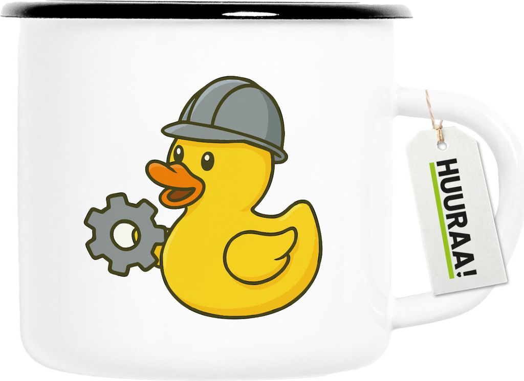 Huuraa Emaille Tasse Quietscheente Maschinenbau Comic Gummiente 300ml Vintage Campingbecher Geschenkidee