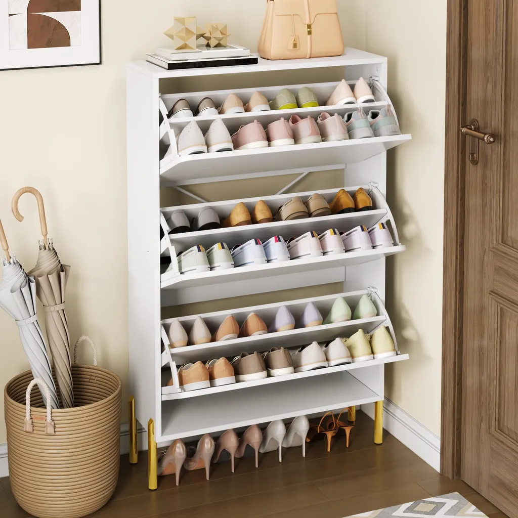 Meuble à Chaussures Étroit OKWISH Blanc en MDF avec 3 Portes Abattantes