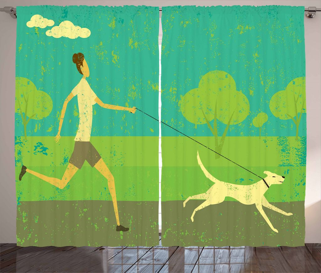 ABAKUHAUS Hund Rustikaler Vorhang, Frau zu Fuß mit ihrem Haustier, Wohnzimmer Universalband Gardinen mit Schlaufen und Haken, 280 x 245 cm, Sea Gr...