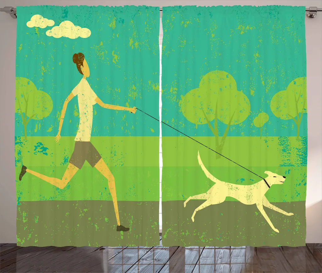 ABAKUHAUS Tenda rustica con cane, donna che cammina con il suo animale domestico, soggiorno Tende universali con passanti e ganci, 280 x 245 cm, verde mare tortora