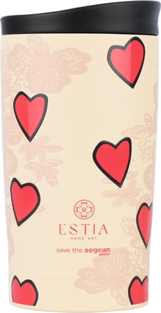 ESTIA | Kaffeebecher - Isolierbecher - 350ml - Thermobecher - beige rot - aus Edelstahl - Becher - Herzen