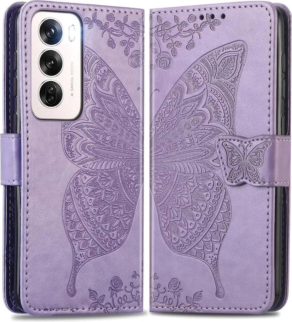 Pung Farfalla per Oppo Reno 12: Custodia Flip Lavanda da Sogno