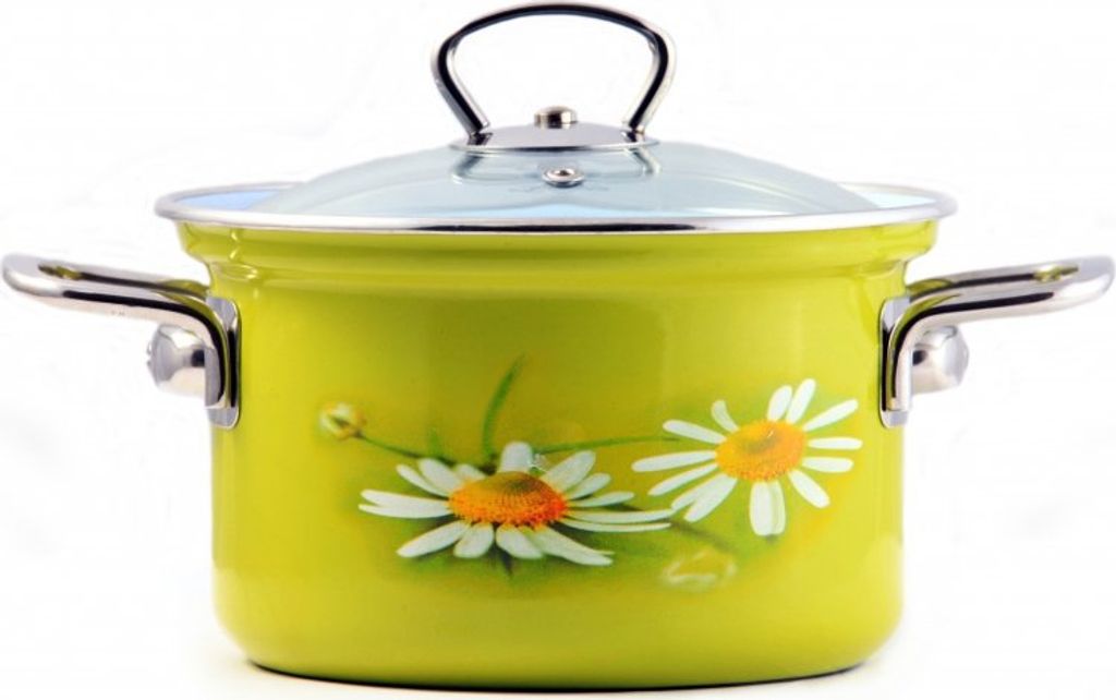 A green enamel pot with a floral design and a glass lid.