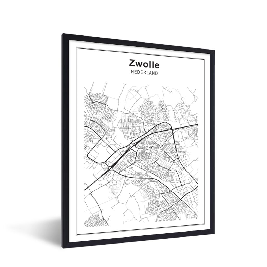 MuchoWow Gerahmtes Poster Stadtplan - Zwolle - Schwarz und weiß 30x40 cm - Poster mit Schwarzem Bilderrahmen Wandposter Rahmen Foto Bilder - Wan...