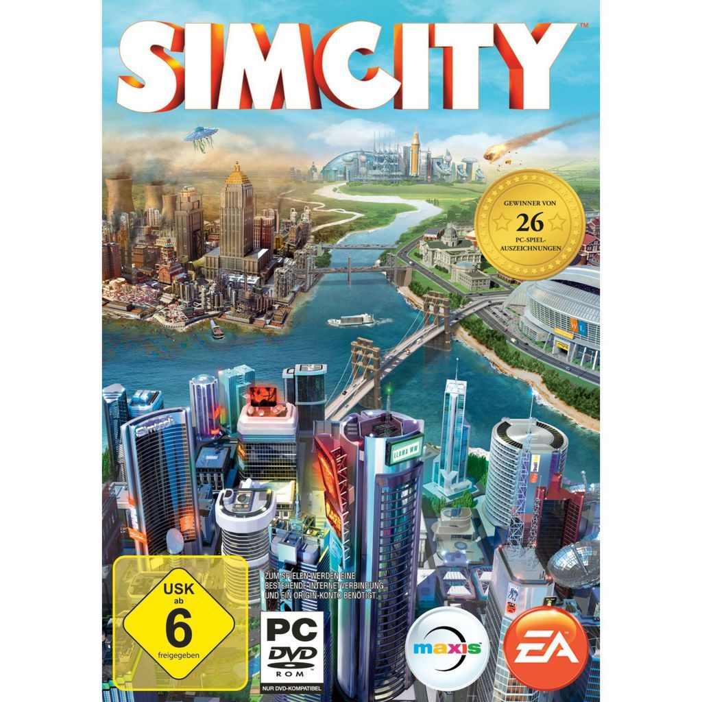 The image is a product shot of the Simcity PC game box, featuring a cityscape illustration and game branding.