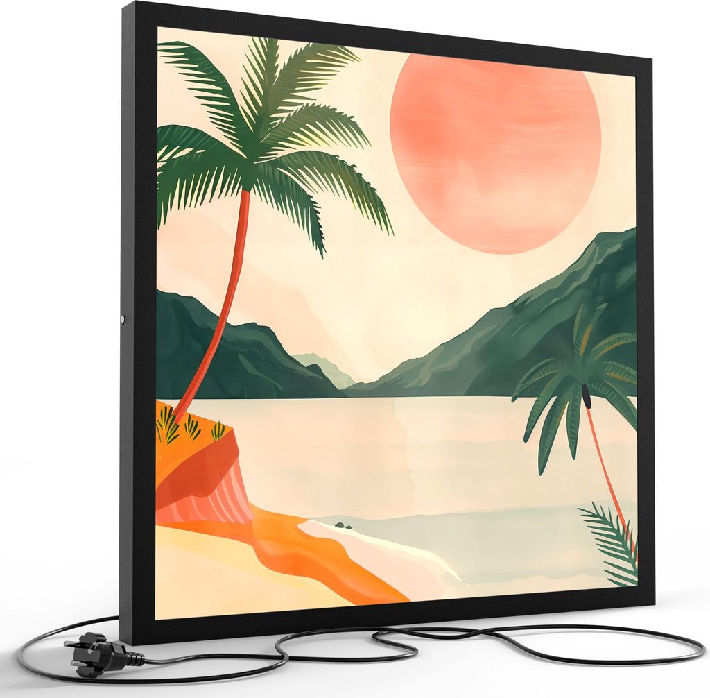 DEQORI LED-Bild & Lampe 60x60 cm Schwarz 'Verträumte Inselwelt' Leuchtbild LED Leuchte