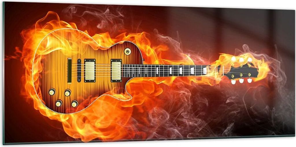 Bilder auf glas - Feuer Gitarre Instrument - 120x50cm - Glasbilder - Wandbilder - Kunstdruck - zum Aufhängen bereit - Wanddekoration aus Glas - Gl...