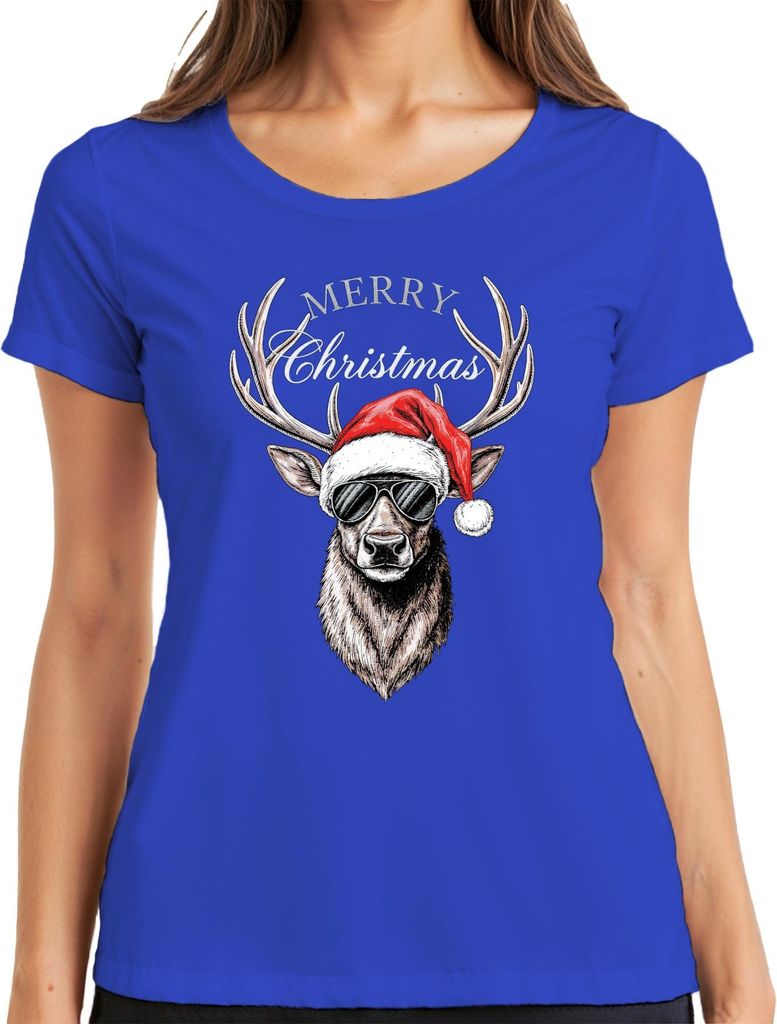 Rentier Weihnachten Merry Christmas Weihnachtsmütze Sonnenbrille Damen T-Shirt, Blau, M