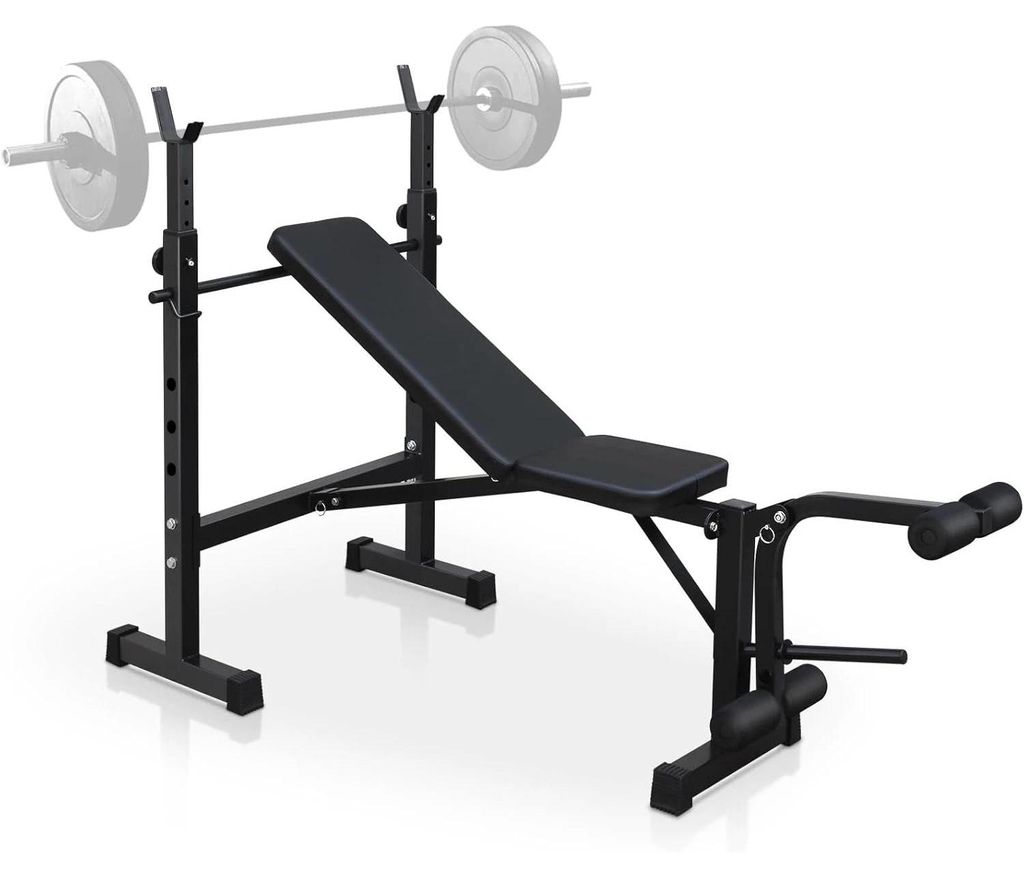 Verstellbares Hantelbank-Set - Trainingsbank mit Squat Rack - Latzug - Beinstrecker - Schwer belastbar für Krafttraining - Schwarz