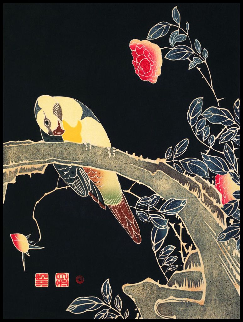 Plakat 75x100cm Papagei auf dem Ast, Japanscher Vintage Jakuchu