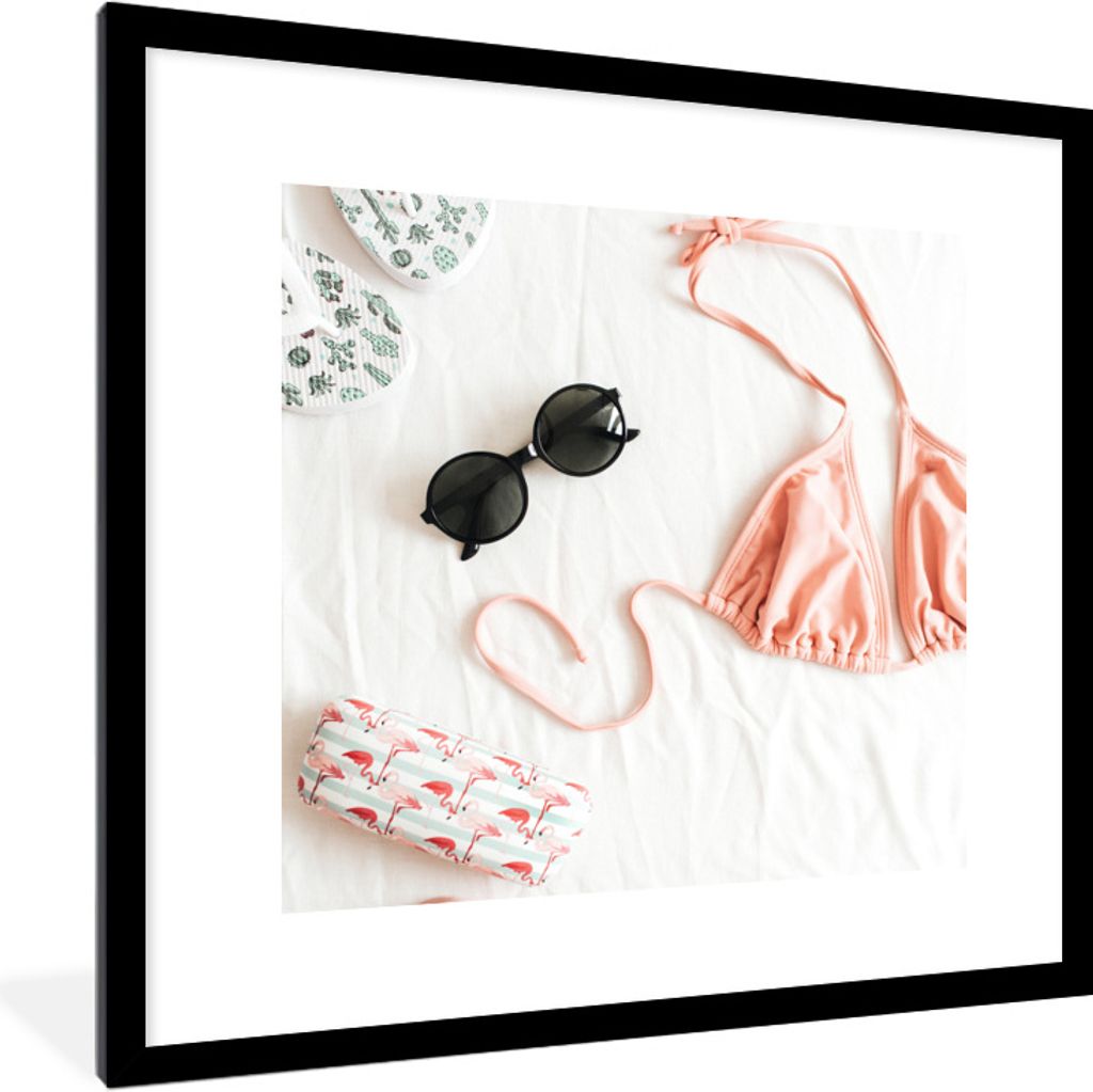 MuchoWow Gerahmtes Poster Sommer - Bikini - Sonnenbrille 40x40 cm - Poster mit Schwarzem Bilderrahmen Wandposter Rahmen Foto Bilder - Poster - Pl...