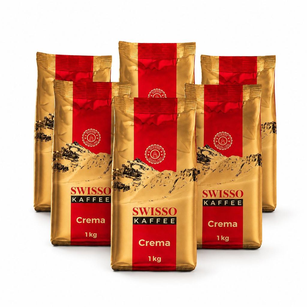 Swisso Kaffee Crema Kaffeebohnen 6× 1 kg 100 % Arabica Produktbild  KI-generiertes Bild