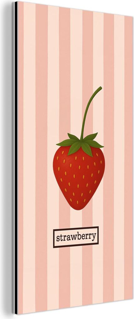 MuchoWow Wanddekoration Metall Metallbild Wandkunst 20x40 cm Erdbeere - Streifen - Minimalistisch - Rot MuchoWow Aluminium Gemälde - Aluminium Gem...