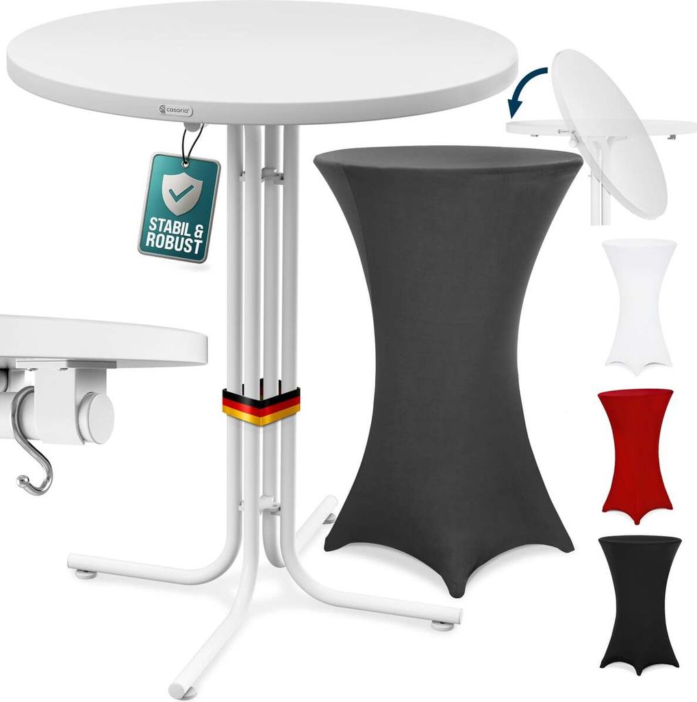 CASARIA Stehtisch mit Husse 80 cm Klappbar Grau Rund Holz Metall Pulverbeschichtet Wetterfest Hoch Set Hochzeit Bistrotisch Bartisch Garten Tisch