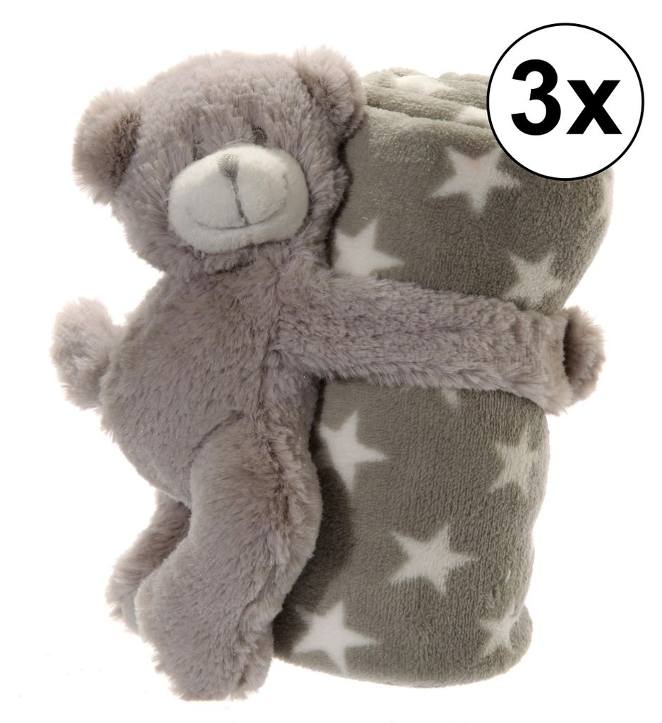 3x Babydecke "Stern" mit Bär, grau, 75x75cm, Teddybär